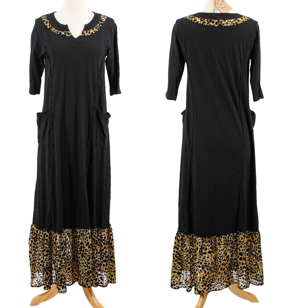 NEW A Rare Bird Maxi Dress Women Leopard Print Ruffle Hem Boho Pockets L Black